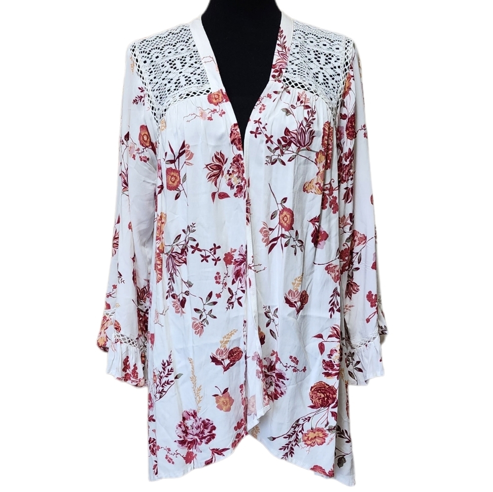 Angels Boho Floral Drop Stitch Sleeve Ruffled Lace Kimono Cardigan